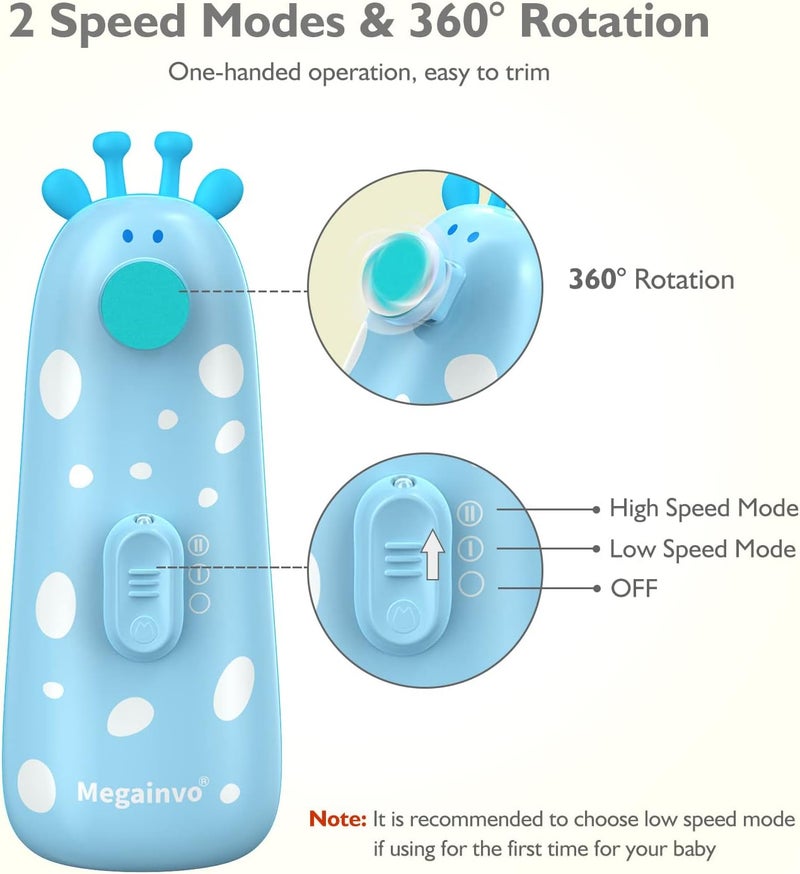 Megainvo Baby Nail Trimmer Electric Baby Nail File Safe Baby Nail Clippers with Light 10 Grinding Heads Queit Baby Nail Polish Grooming Kit for Newborn Infant Toddler Toes Fingernails Care - Blue - Image 4